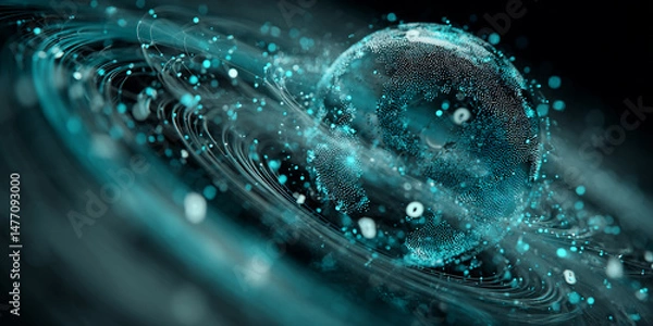 Obraz Teal sphere composed of glowing particles, orbiting within swirling lines, suggesting global network, connectivity, or data flow