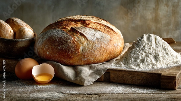 Fototapeta Rustic still life: loaf of bread, flour, eggs, and rolls.  Showcase of baking ingredients, symbolizing homemade goodness and culinary tradition