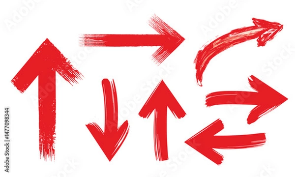 Fototapeta Set of hand drawn Red Arrow Brush. Grunge arrow paint different direction vector illustration and the red sketch has beautiful arrow lines drawn.