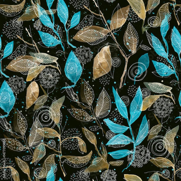 Obraz Abstract Hand Drawn Yellow Gold and Blue Botanical Seamless Pattern with Leaves and Textures on Black Background