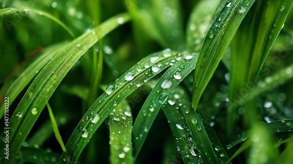 Fototapeta Fresh lush green grass on meadow with drops of water dew, close, up macro
