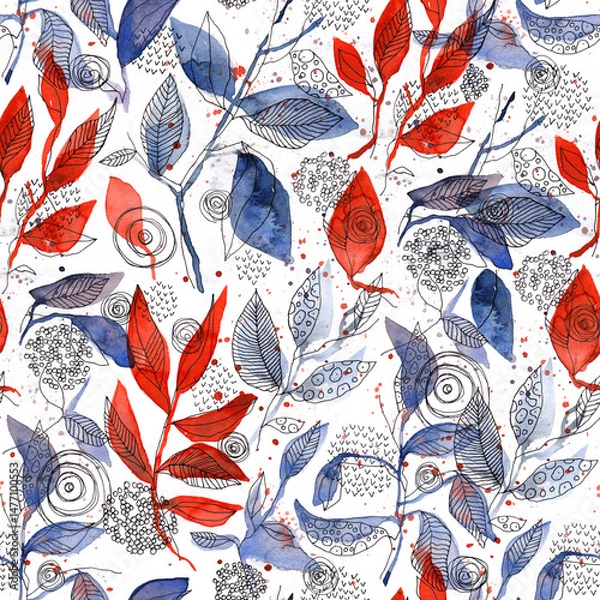 Obraz Red and Blue Botanical Watercolor Leaves Seamless Pattern. Hand Drawn Floral Nature Design
