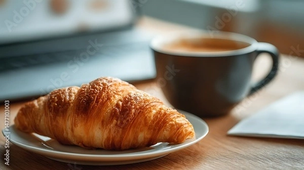 Fototapeta Fresh tasty croissant and a cup of coffee against the background of the workplace of a businessman, student, manager, freelancer, financial analyst, coffee time at work, remote work, stay home concept