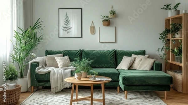 Fototapeta Modern Green Velvet Sectional Sofa Living Room Decor