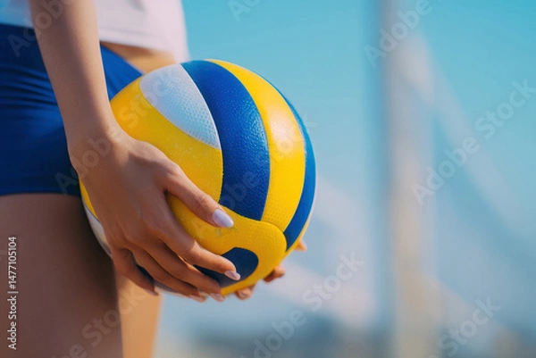 Fototapeta Close-up of a person in athletic attire blue shorts, light-top holding a volleyball with distinct pattern yellow panels, blue stripes , preparing to serve or throw Background shows - AI-Generated