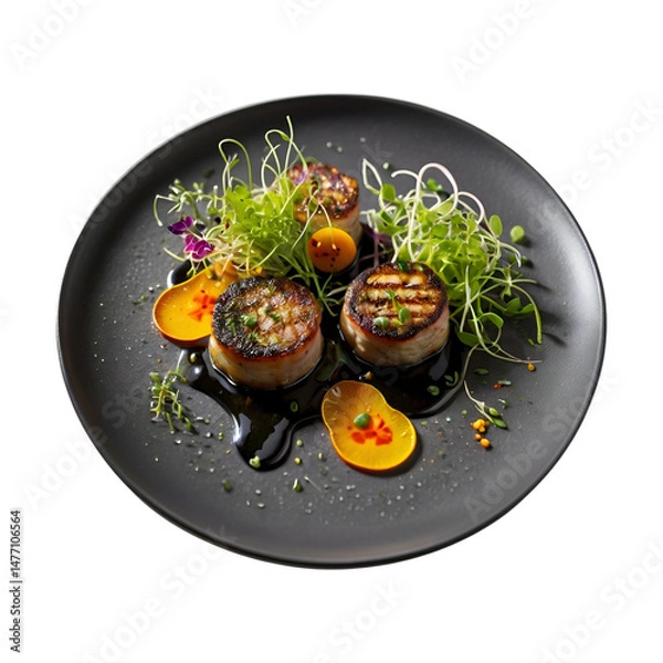Obraz Seared Vegetable Medallions on Black Plate with Herb Oil and Microgreens, Fine Dining Overhead Shot on Transparent Background