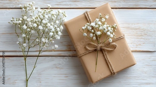 Fototapeta Elegant flatlay of a kraft paper present tied with natural twine and adorned with babyâ€™s breath flowers, positioned on white wooden planks, warm soft lighting, generous blank space at the top-right