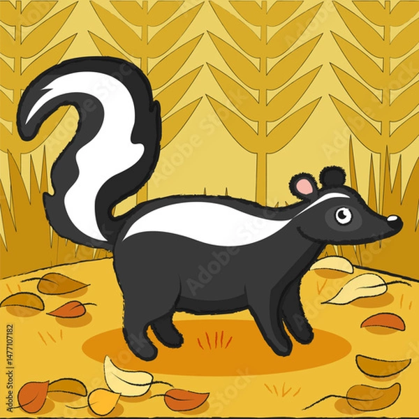 Fototapeta Cute vector skunk in cartoon style. a drawing for children, hand-drawn. North American fauna, colorful furry animal on the background of autumn.

