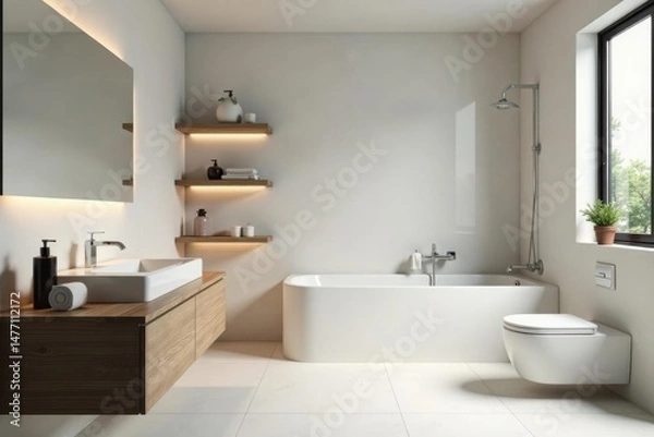 Fototapeta Sleek minimalist bathroom, chrome fixtures, ample space , neutral, white, bright