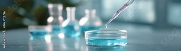 Fototapeta Laboratory experiment with blue liquid and petri dish