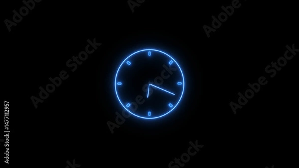 Fototapeta Abstract neon clock icon illustration. Digital and analog clock 24 hours isolated on black background 4k illustration.
