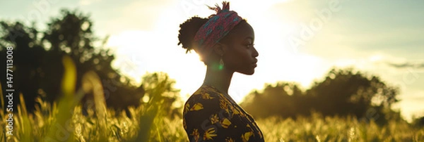 Obraz Side view of a cheerful African young woman outdoors enjoying the view. Close-up of a black woman in profile. Copy space image.
