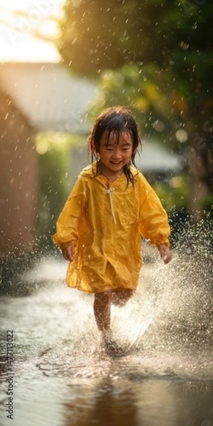 Obraz Smiling Child in Yellow Rain Jacket Splashing Water in Rainy Day