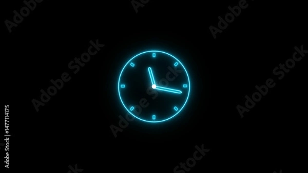 Fototapeta Abstract neon clock icon illustration. Digital and analog clock 24 hours isolated on black background 4k illustration.
