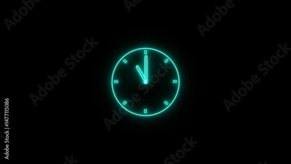 Fototapeta Abstract neon clock icon illustration. Digital and analog clock 24 hours isolated on black background 4k illustration.
