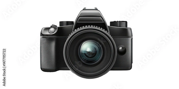 Obraz Modern DSLR camera front view with standard zoom lens, professional photography gear isolated on white transparent background