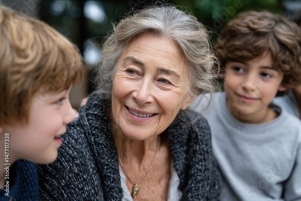 Fototapeta A heartwarming scene capturing a grandmother joyfully engaging with her two grandchildren, radiating love and familial bonds in a nurturing atmosphere.
