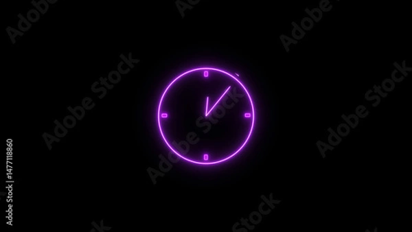 Fototapeta Abstract neon clock icon illustration. Digital and analog clock 24 hours isolated on black background 4k illustration.
