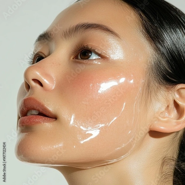 Fototapeta super clear hydrogel sheet mask, clean and bright, studio shot, 45 degree angle, white background, clean and elegant, beauty ads, realistic, on a person's face
