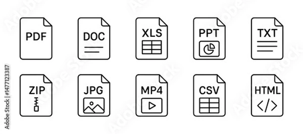 Fototapeta File type icons: PDF, DOC, JPG, MP4, ZIP, CSV and others