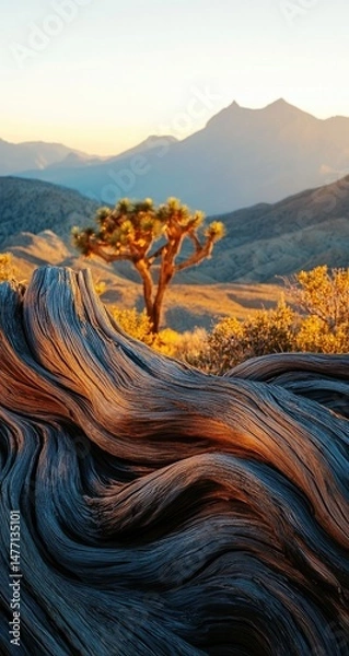 Fototapeta Desert Sunset with Joshua Tree, and Wood.