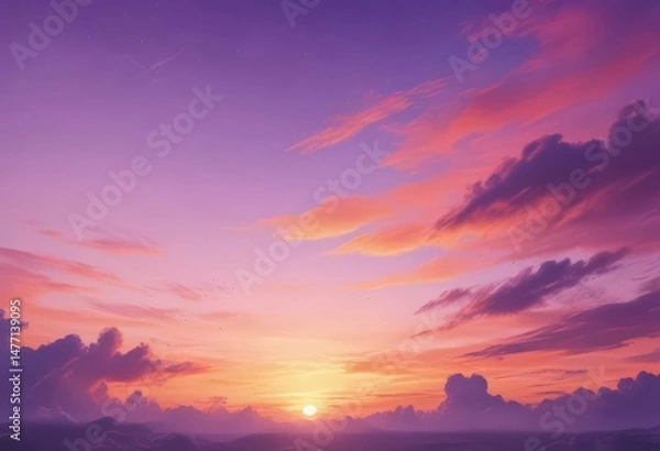 Fototapeta Dreamy sunset sky, abstract watercolor blend of orange and purple hues , shadow, light