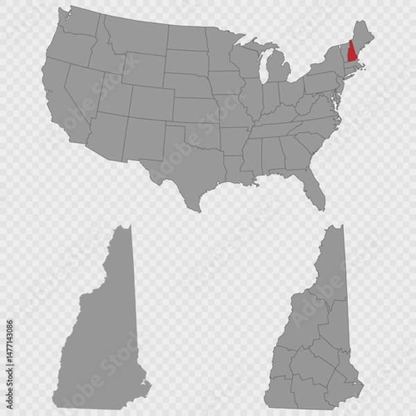 Fototapeta New Hampshire map set with USA location, clean outline, and full county breakdown.