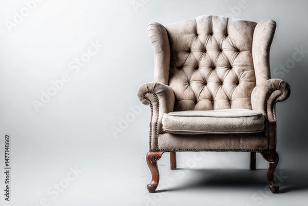 Fototapeta Vintage tufted armchair with wooden legs placed against a plain background in a bright setting