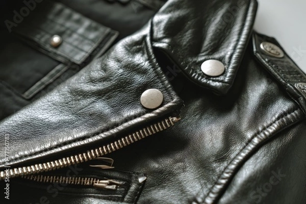 Fototapeta Close-up view of detailed leather jacket showcasing zippers and metal buttons