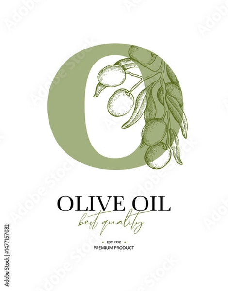 Fototapeta Olive oil design template. Olive leaves and branches vector drawing. Hand drawn label sketch.