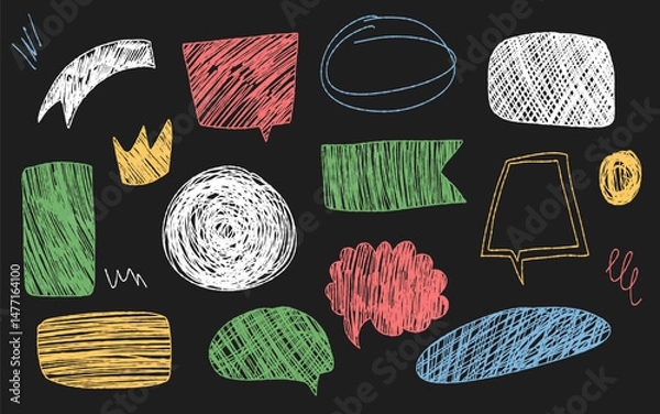 Obraz Vector drawn crayon text boxes. Color charcoal doodle speech bubbles. Hand drawn childrens style pencil dialog balloon.