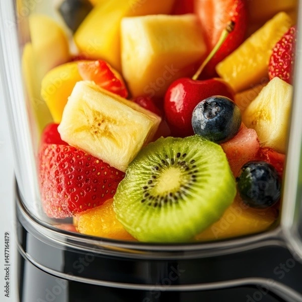 Fototapeta Colorful fruits ready for blending inside transparent blender angled close up shot for fresh smoothie preparation