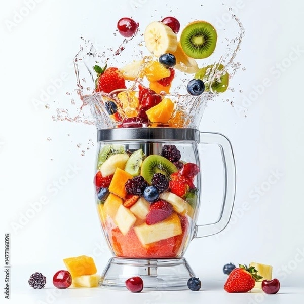 Fototapeta Vibrant fruit splash in blender creates refreshing beverage moment in studio against white background