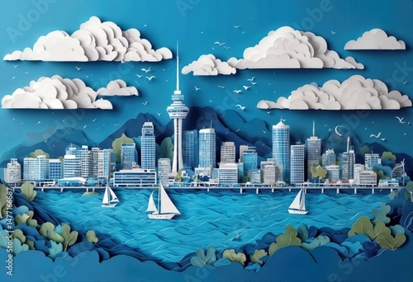 Fototapeta a meticulously crafted paper cut scene depicts auckland's skyline with its iconic skytower rising above a vibrant blue harbor dotted with sailboats and framed by rolling hills and fluffy clouds.