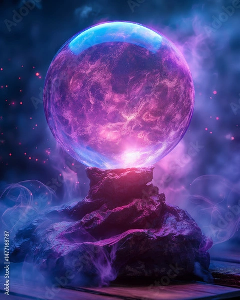 Obraz A levitating crystal ball glowing with magical purple and indigo light, surrounded by ancient floating runes, soft fog swirling beneath, mysterious magical atmosphere