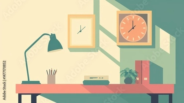 Fototapeta Modern Minimalist Workspace with Desk Lamp, Clocks, Potted Plant and Stationery on a Cream and Green Wall Background