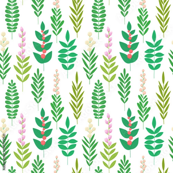 Obraz Seamless botanical pattern of twigs, botanical background elements, grass.