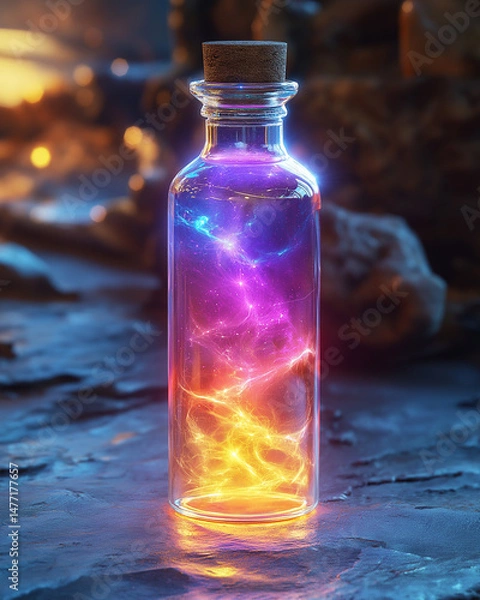 Obraz A magical elixir glowing inside a glass vial on a marble table, close-up, elegant fantasy