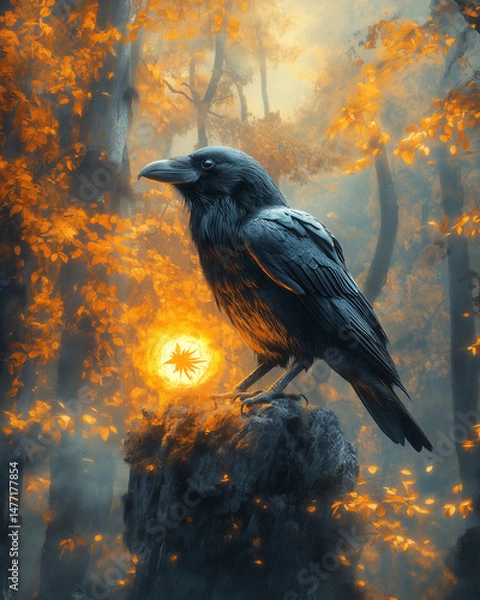 Obraz A raven holding a glowing talisman in its beak, misty forest background, dark fantasy style