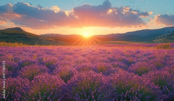Fototapeta Vast lavender field bathed in golden sunset light.