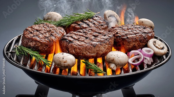 Obraz Delicious beef steaks with mushrooms and rosemary on the grill