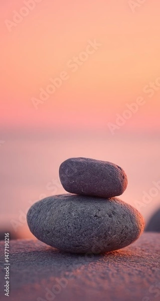 Obraz Two smooth stones stacked on a beach with a soft pink sunset background.