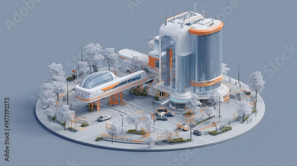 Fototapeta Futuristic Cityscape: Innovative Urban Development and 3D Architecture Design with Sustainable Infrastructure and Eco-Friendly Transportation Systems