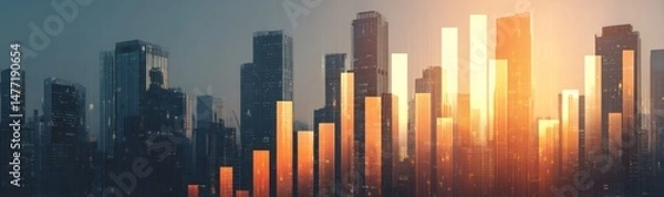Obraz Abstract cityscape with rising bar graph elements suggesting growth and financial success.