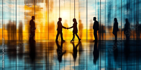 Fototapeta Business People Shaking Hands with Modern Architecture, Business Partnership and Agreement in Office, Corporate Collaboration and Deal-Making in Office

