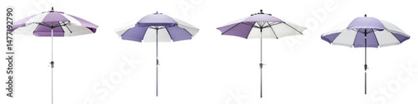 Fototapeta Vibrant purple and white beach umbrellas showcasing elegant designs, perfect for outdoor relaxation and summer enjoyment, providing shade and style to enhance any seaside experience