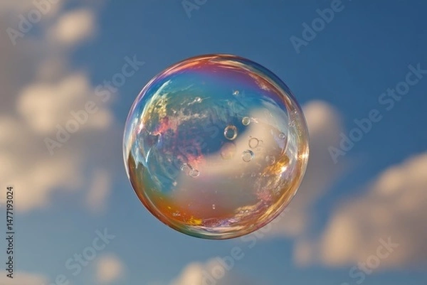 Fototapeta Colorful soap bubble floating against a backdrop of blue sky and fluffy clouds during a bright afternoon