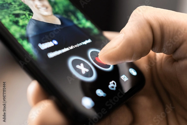 Fototapeta Date app. Gay man swipe and match. Romance scam. Dating site in phone. LGBT on social media. Like profile picture of a single guy. Online love mobile application. Cheating on internet.