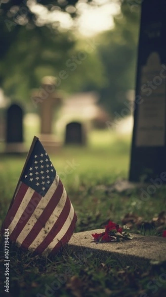 Obraz American Flag and Red Roses on Grave in Cemetery Low Angle Close Up for Memorial Day or Veterans Day