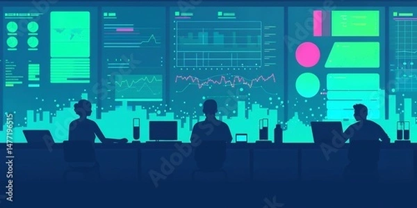 Fototapeta Interdisciplinary team of researchers collaborating on a clinical trial surrounded by patient data and innovative tools